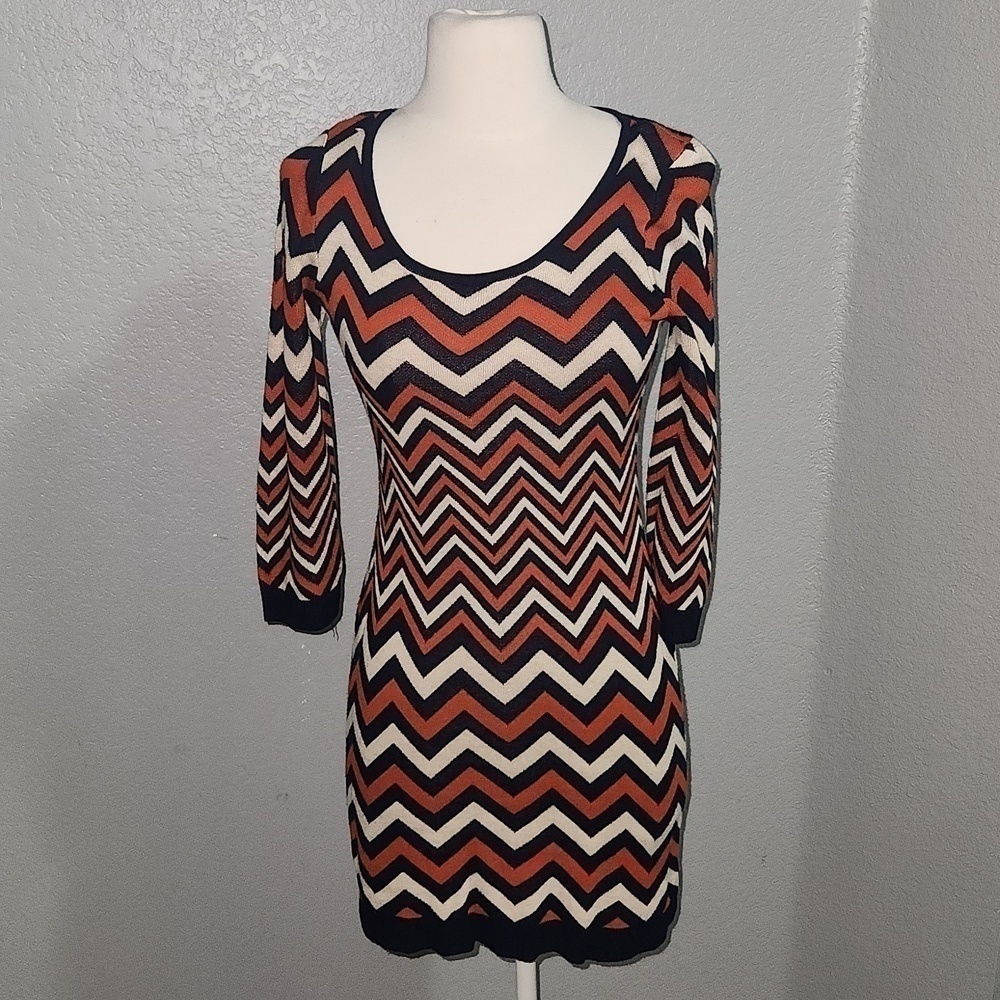 Pink Rose 3/4 Sleeve Chevron Blue & Orange Knit Sweater Dress Size MEDIUM